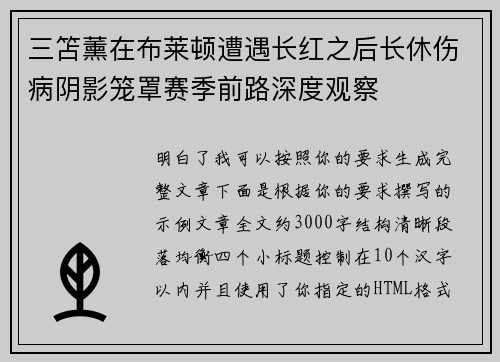 三笘薰在布莱顿遭遇长红之后长休伤病阴影笼罩赛季前路深度观察