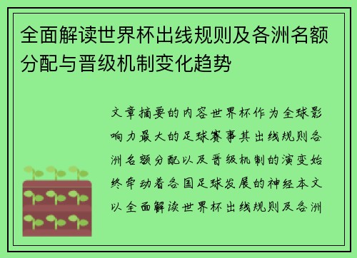 全面解读世界杯出线规则及各洲名额分配与晋级机制变化趋势